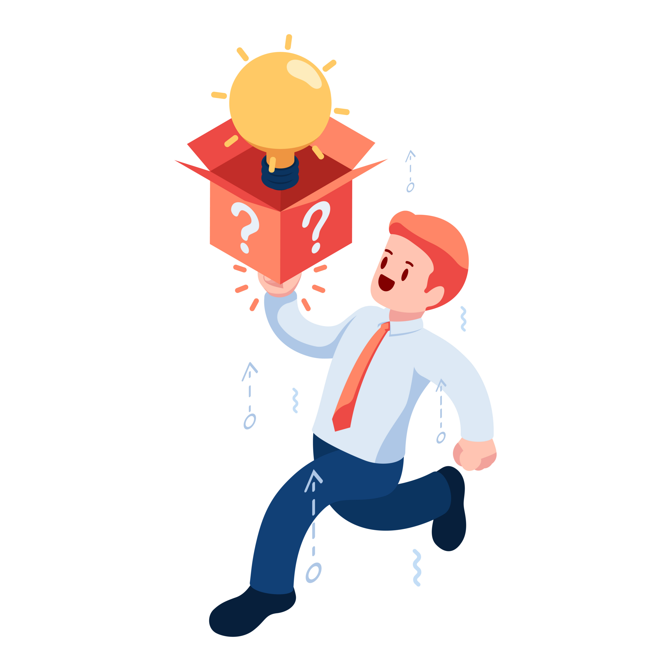 Isometric Businessman Hitting Question Mark Box and Found Light