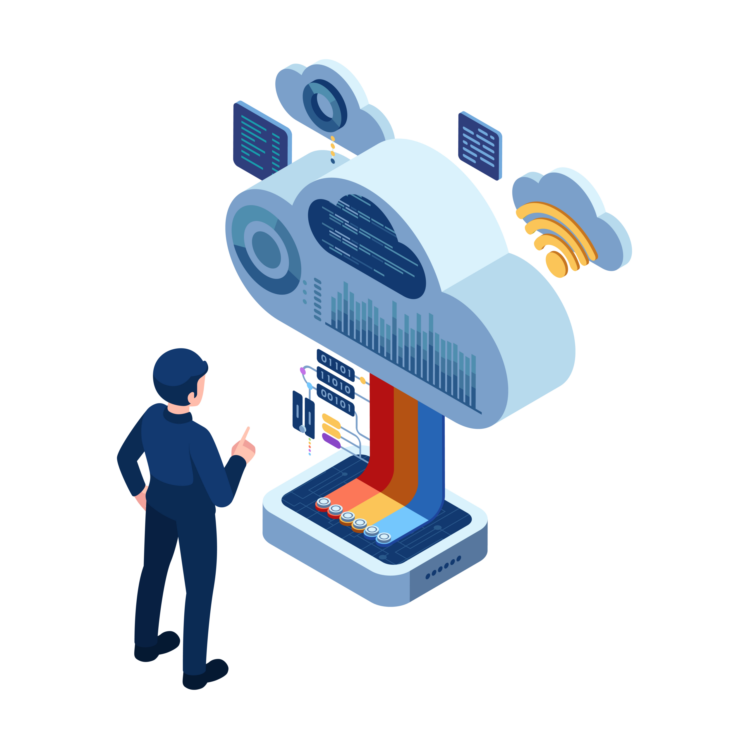 Isometric Businessman Using a Cloud-Based Software for Data Anal