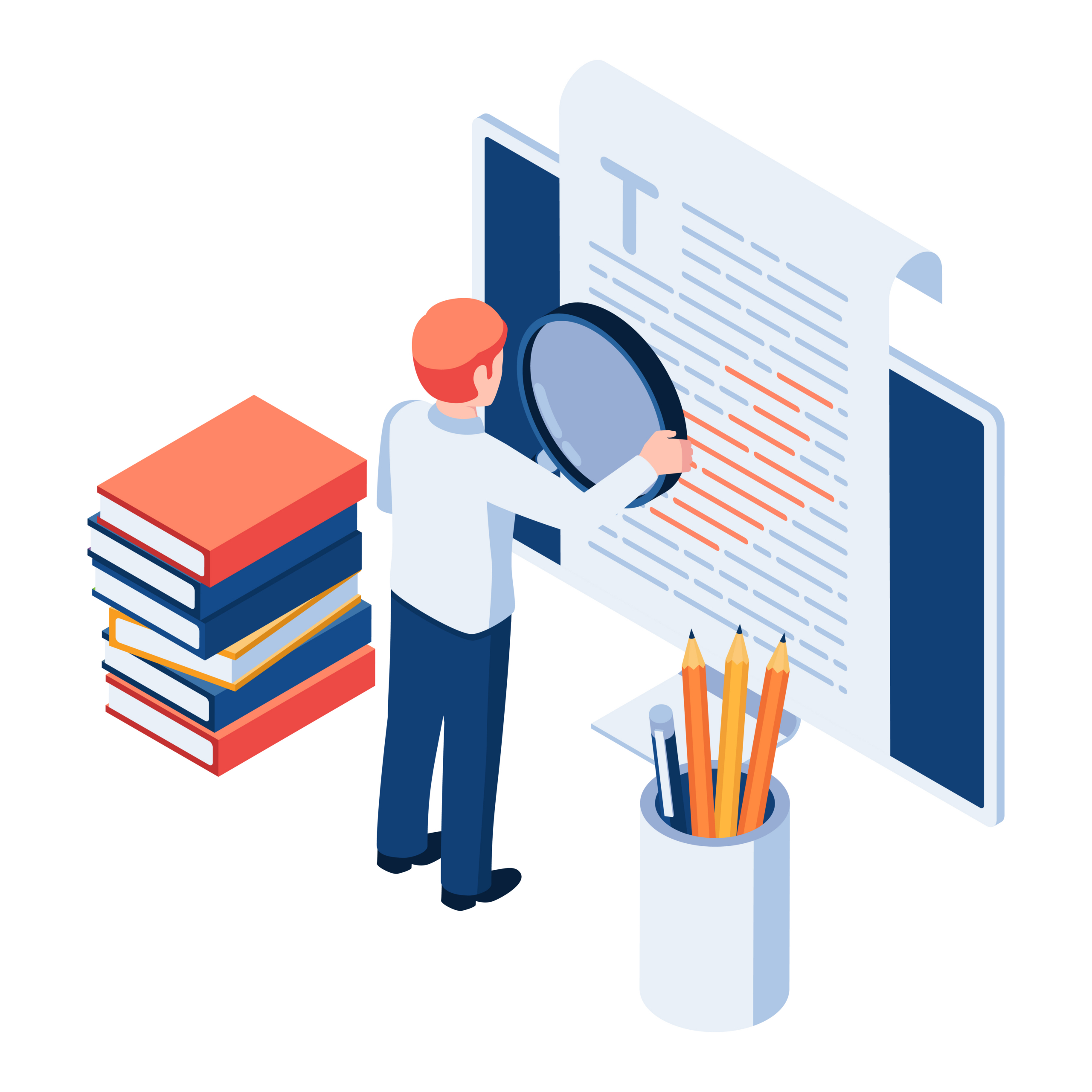 Isometric businessman proofreading a document on pc monitor